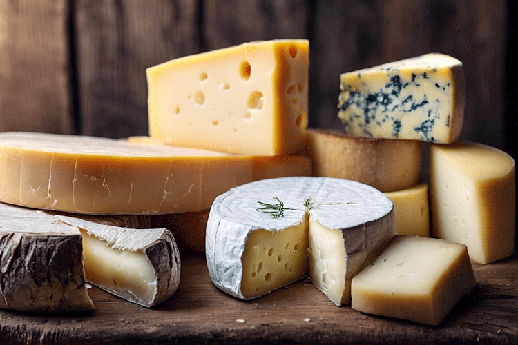 variety of cheeses on wooden table