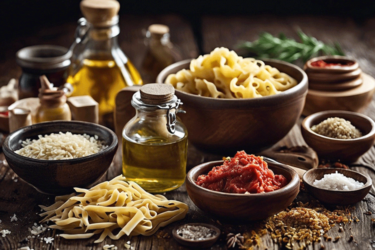 variety of pasta, rice, spices, olive oil and tomato paste on wooden table