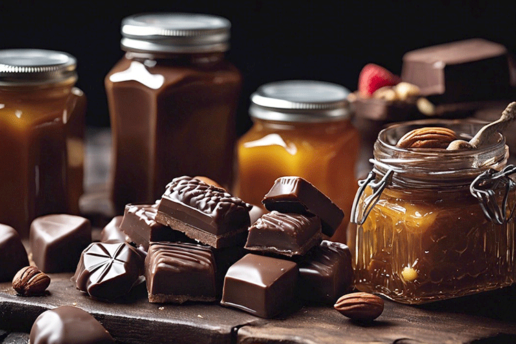 variety of chocolates, jams, honey and sweet treats on wooden background