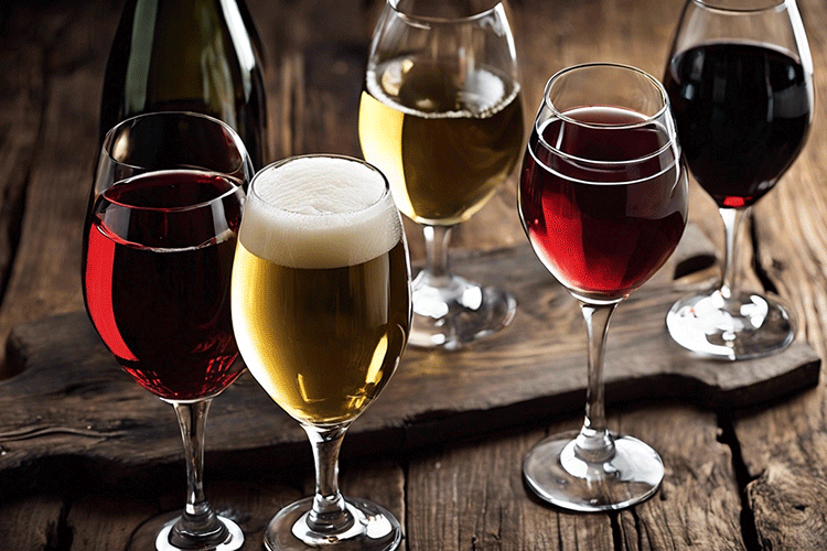 bottle of wine with glasses of various wines and beer